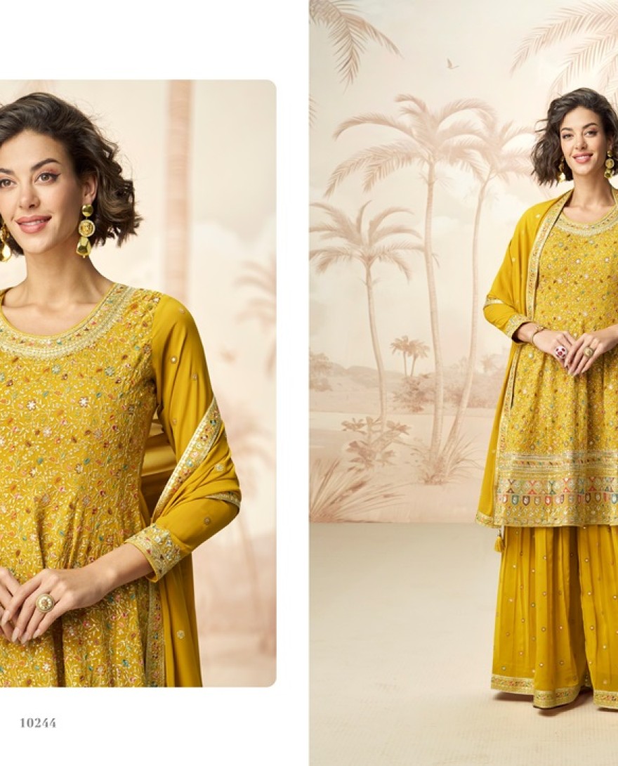 10244-MUSTARD - Embroidered Georgette Pakistani Suit in Mustard